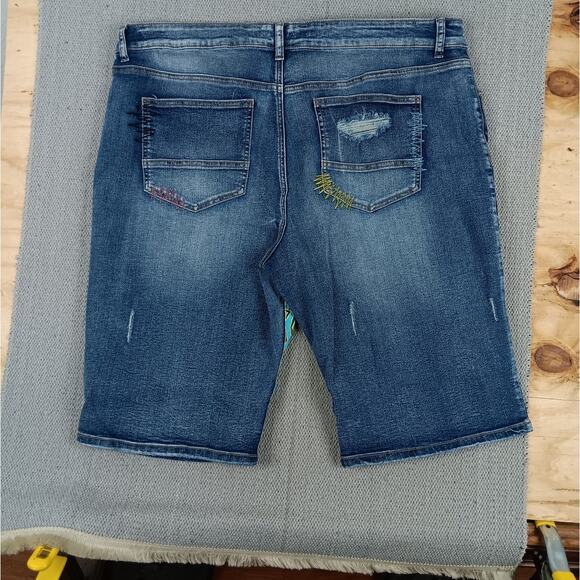 Rutherford Engineered Slim Fit Denim Jorts Men 41 Blue Distressed Tribal Pattern - Picture 7 of 14